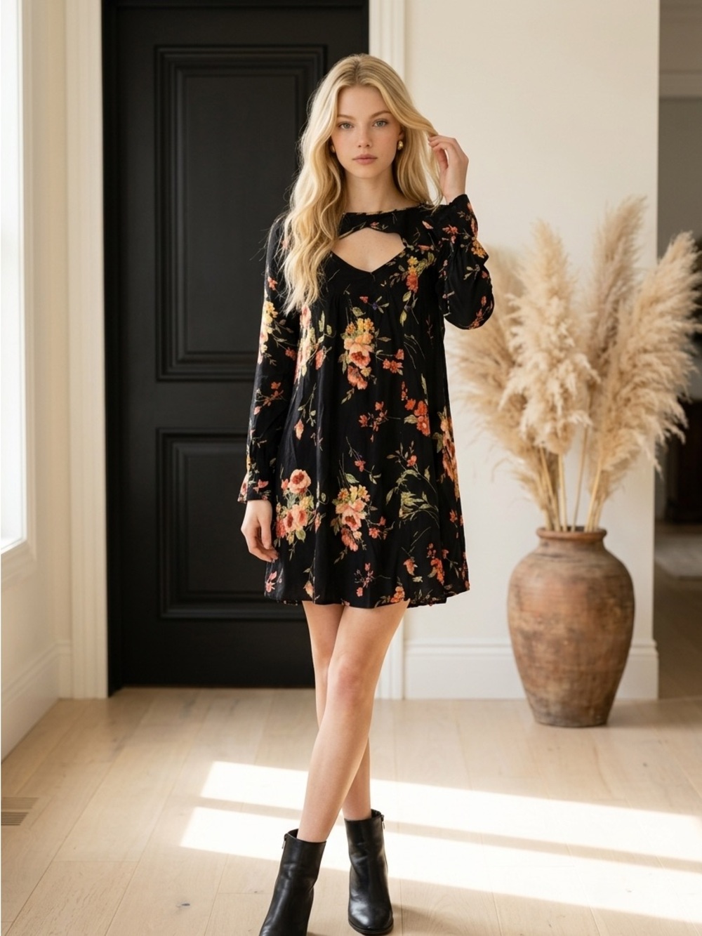 World Market Black Floral Keyhole Long-Sleeve Mini Dress